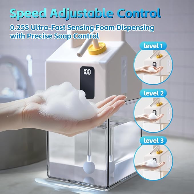 Automatic Foaming Soap Dispenser Touchless, USB Rechargeable Smart Hand Dish Soap Dispenser for Bathroom Kitchen Sink, Hands-Free, 3-Level Adjustable, 13.5oz/400mL