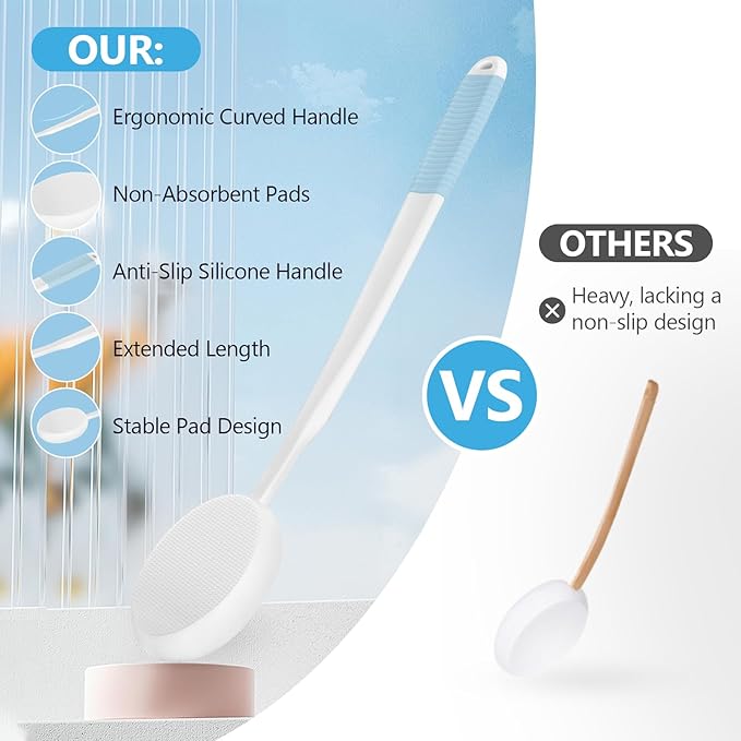 19'' Lotion Applicator for Back, Long White Handle Back Lotion Applicator with Blue Non-Slip Grip & 3 Washable White Pads, Suitable for Sunscreen, Tanning & Moisturizers, for All Ages
