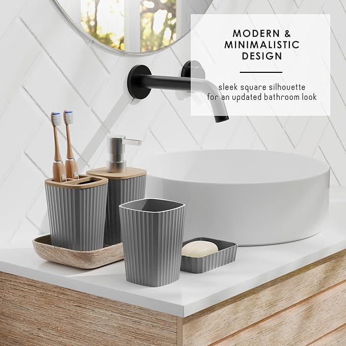 Clara Clark Bathroom Set - Grey Bathroom Accessories Set, 6PC Bathroom Accessory Set, Bathroom Sets with Bathroom Rugs, Adhesive Corner Shower Caddy Hanging, Toilet Brush, Trash Can & Soap Dispenser