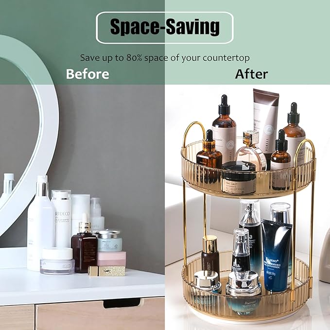 Rotating Makeup Organizer Countertop 2 Tier Lazy Susan Trays Clear Skincare Perfume Storage for Bathroom Counter Vanity, Amber Gold