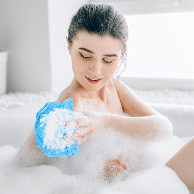 4pcs Exfoliating Back Washers Scrub with Handles Japanese Body Scrubber Cloth Towel for Shower Nylon Back Exfoliator Extended Backs Washers Stretchable Body Bath Pull Strap for Cleans Skin Massages