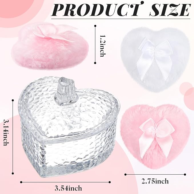 Tioncy 3 Pcs Large Body Powder Puff and Container Valentine's Day gift Powder Container with Puff Crystal Case Soft Washable Reusable Velour Face Body Glitter Wet Dry Makeup(Hammered Heart,Clear)