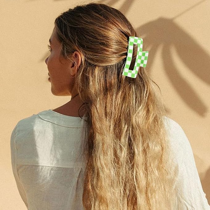 2 PCS Checkered Hair Claw Clips Green Non Slip Hair Jaw Clips Strong Hold Rectangle Hair Claw Multicolored Plaid Checkered Hair Clip Rectangle Hair Barrettes Hair Styling Accessories for Women Girls