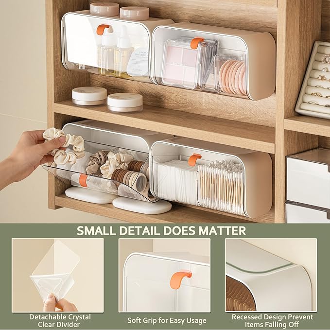 SUNFICON Wall Mounted Cotton Pads Holder Organizer Cotton Swab Balls Holder Q-tip Dispenser Qtip Storage Canister Cosmetic Pads Container Flossers Box Case Crystal Brown