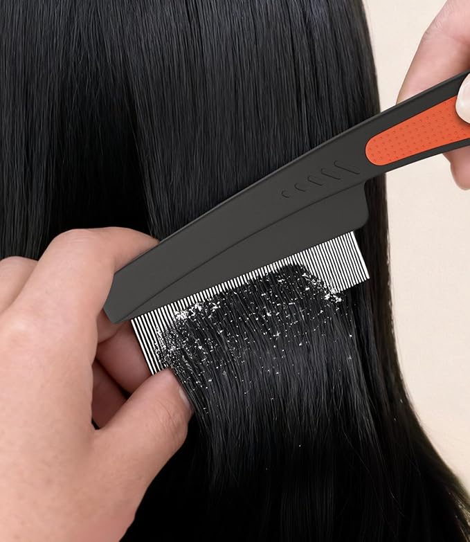 Self-Cleaning Dandruff Comb 2-Pack, Hollow Teeth Button-Release Scalp Detox, Fine Tooth 0.5mm & 2mm for Nits Buildup Removal, Women Men Kids, Stainless Steel Ergonomic Anti-Slip Hair Care Tool