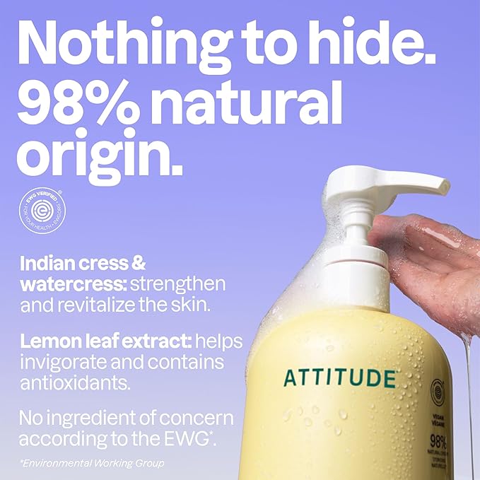 ATTITUDE Body Wash, EWG Verified Shower Gel, Dermatologically Tested, Plant and Mineral-Based, Vegan Personal Care Products, Earl Grey & Fresh Cucumber Scent, 32 Fl Oz