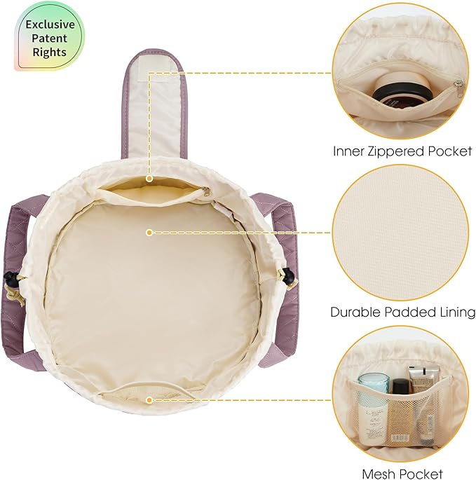 Narwey Barrel Drawstring Makeup Bag Large Cosmetic Bag Make up Bags Women Toiletry Organizer for Travel Toiletries Accessories Essentials (Quilted Dusty Rose) (Patent)
