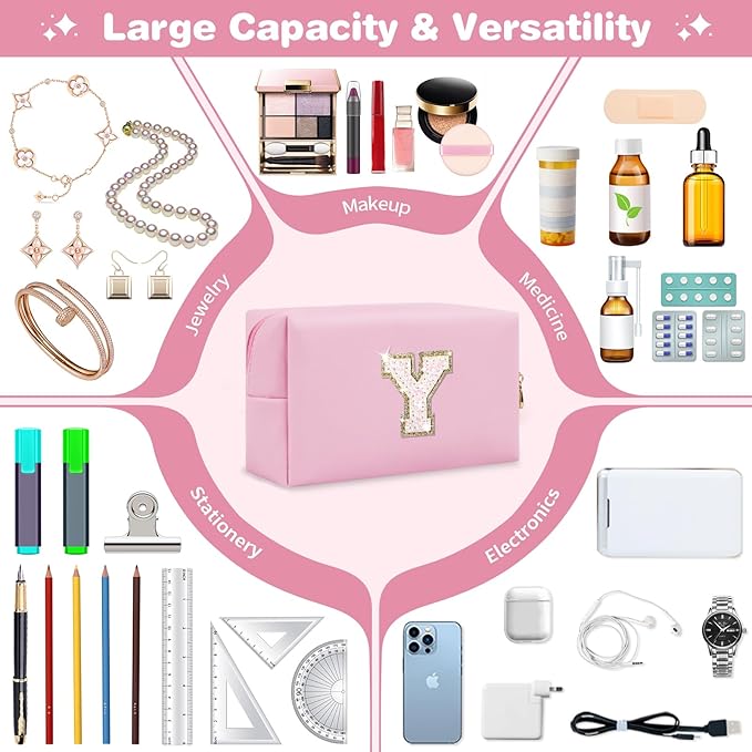 Small Personalized Initial A-Z Patch Makeup Bag,Pink Cute PU Leather Glitter Letter Cosmetic Bag for Teen Girls,Travel Toiletry Bag with Zipper,Preppy Monogrammed Birthday Gift for Daughter Niece Y