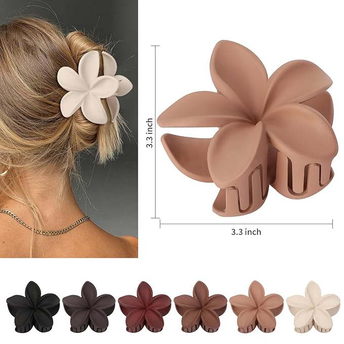Flower Hair Clips 6 PCS Hawaiian Claw Clips for Vacation Hibiscus Hair Claw Cute Large Hair Clips for Thick and Thin Hair Plumeria Hair Accessories for Women Girls -Brown Scarlet