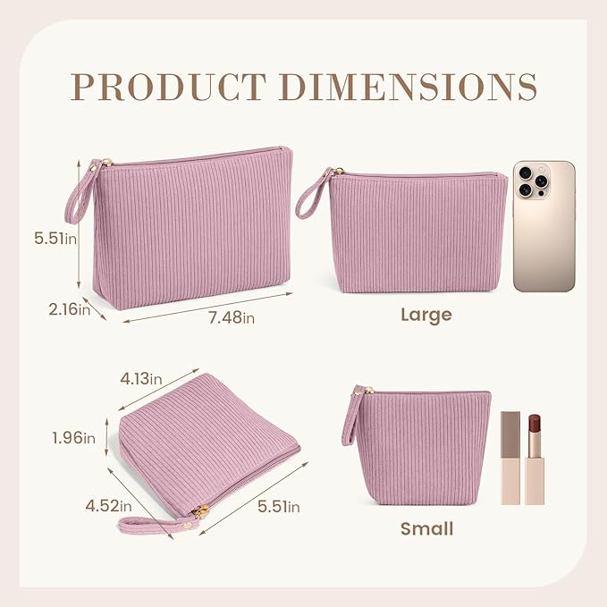 MAGEFY 2Pcs Makeup Bag Set, Cute Makeup Pouch for Purse Corduroy Travel Cosmetic Pouch for Women with Slip-in Pockets for Purse Essentials Accessories(Pink,Mini+Small)