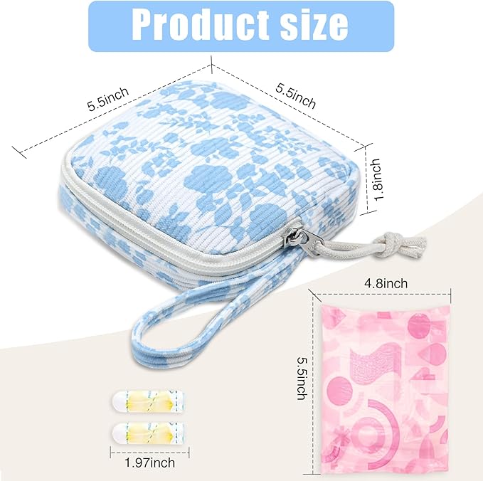 Small Makeup Bag | Discreet Period Bag Pad Pouch for Purse| Sanitary Napkin Storage & Tampon Holder for Travel (Flower blue)