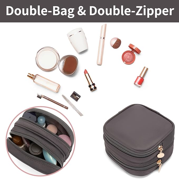 Small Makeup Pouch, Double Zipper Cosmetic Bag, Travel Makeup Bag, Cute Makeup Bag for Purse, Mini Toiletry Bag (Dark Grey)