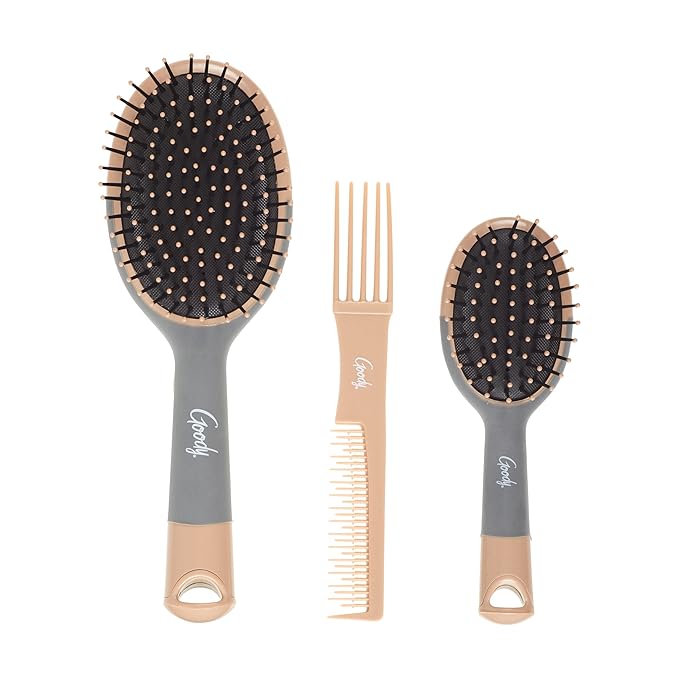 Goody Detangle It Hair Brushes Set - Large Oval Paddle Brush + Detangling Comb + Mini Brush, Suitable for Detangling & Styling, Pick Comb for Tangles On-the-Go, For Wet or Dry Hair, Brown/Grey