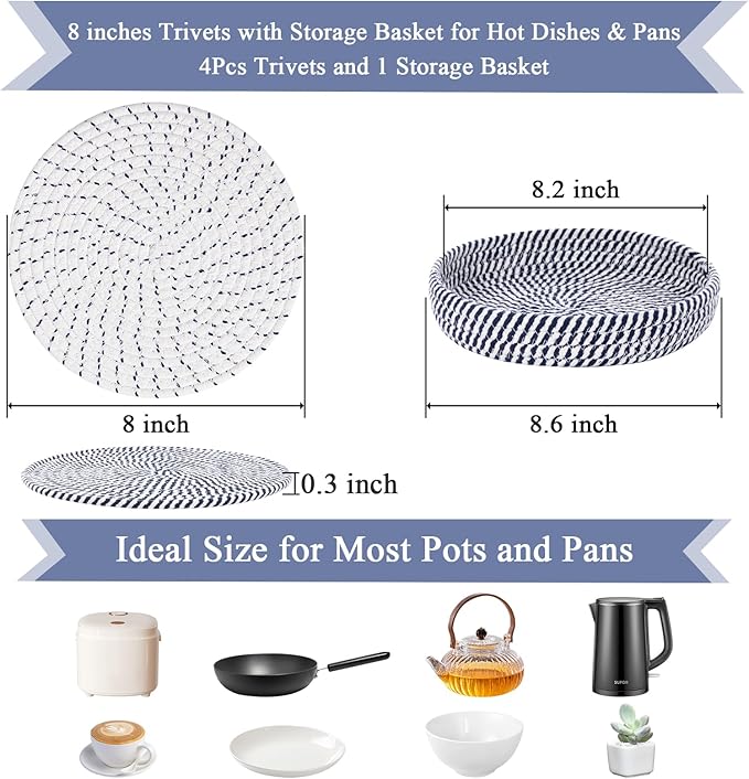 SHACOS 8 Inches Trivets for Hot Dishes, 4 Pieces Cotton Trivets Mats for Kitchen with Storage Basket, Hot Pads for Countertops and Table, Heat-Resistant Pot Holders for Hot Pots and Pans