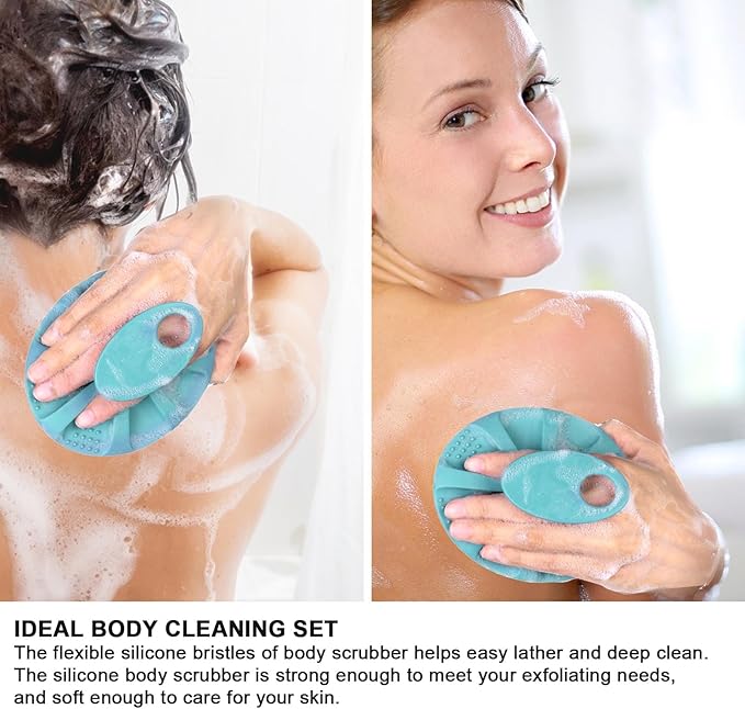 Soft Silicone Body Cleansing Brush Shower Scrubber, Gentle Exfoliating and Massage for All Kinds of Skin (Pink+Dark Green)
