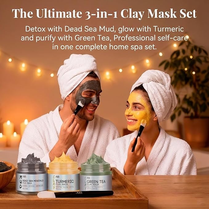 ANAI RUI 3 Pcs Face Mask Set - Turmeric Clay Mask - Green Tea Face Mask - Dead Sea Mud Mask for Oily Skin, Blackheads & Pores -Spa Gift Set Self Care for Women Teens 2.5 oz Each