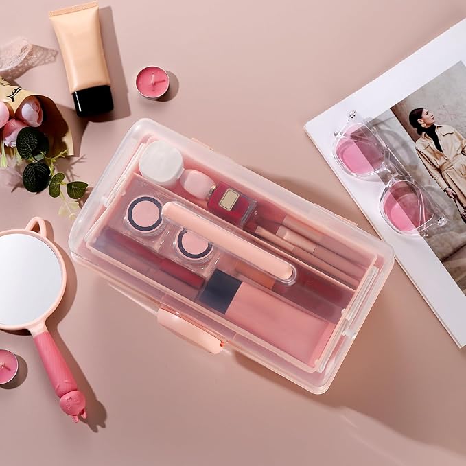 Pink Makeup Storage, Pink Tackle box for Women with Handle. Cosmetic Storage Box Organizer, Portable 3 Layers Makeup Case for Home