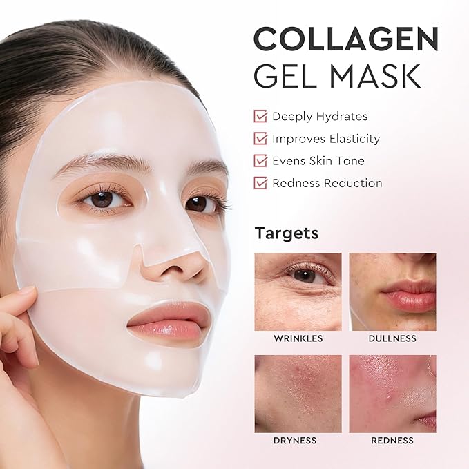 Elvira Bio-Collagen Real Deep Mask, Overnight Hydrating Face Mask with Hyaluronic Acid, Korean Skincare Face Mask for Moisturizing and Firming, Face Masks Sheet for All Skin Types, 4 Pack