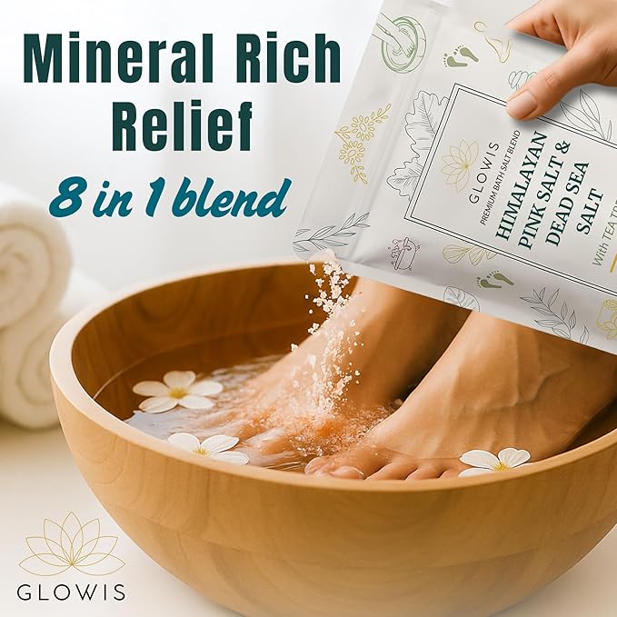 Glowis Tea Tree Oil Foot Soak with Himalayan & Dead Sea Salt | Pedicure Salt Foot Soak for Nail Discoloration, Calluses & Odor | Natural Detox Foot Bath Soak with Sandalwood, Lavender & Rose | 16 oz