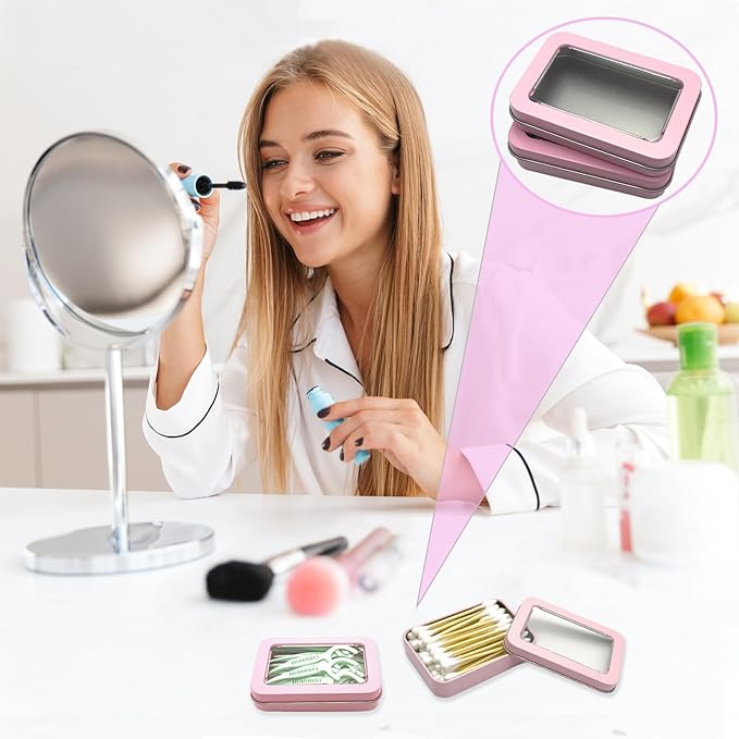 Cotton Swab Holder for Travel, 2 Pcs Portable Small Dental Floss Holder Empty Metal Cotton Ball Holder, Travel Floss Picks Case with Dustproof Lid for Cotton Swabs Hair Ties Floss, Pink