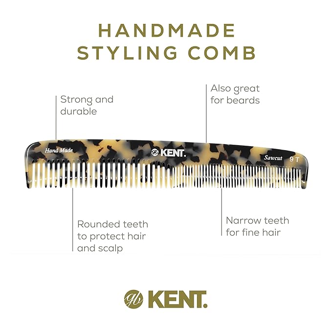 Kent 9T Fine Tooth and Wide Tooth Hair Combs - Large Detangler Handmade Dressing Comb - Wet & Dry Use, Durable Grooming for Women & Men - Made in England (WhiteTokyo)