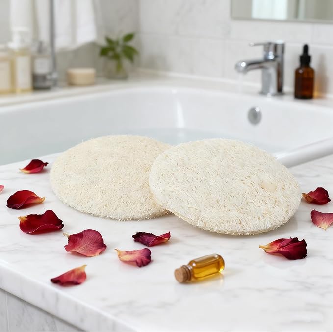 30 Pcs Natural Loofah Sponge Pads, 2.36 Inch Exfoliating Body Facial Scrub Pads for Makeup & Dead Skin Masks Removal Washing Face, Exfoliator Scrub Brush for Men Women Bath Shower Spa