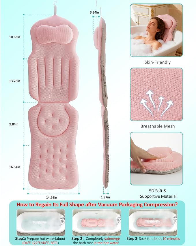 Full Body Bath Pillow for Bathtub, 5D Thick Tub Pillow for Bathtub with 192 Non-Slip Suction Cups, Laundry Bag & Hook, Bathtub Pillow for Head, Neck & Back Support (Pink, 51"*15")