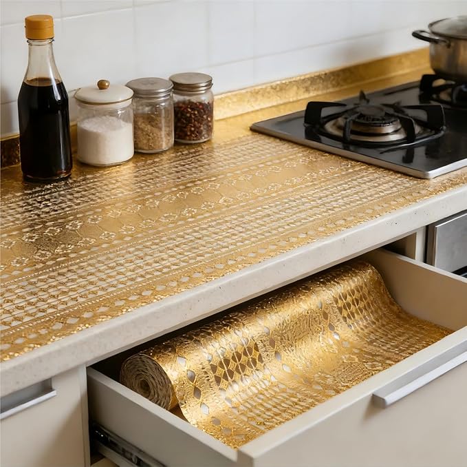 Shelf and Drawer Liner for Kitchen Cabinet,Non-Adhesive Waterproof Oil-Proof Easy Clean Shelf Liner for Dresser & Bathroom Vanities with Adhesive Dots & Cutting Tool(12 in X 20 Ft Gold Lace)