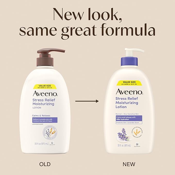 Aveeno Stress Relief Moisturizing Body Lotion with Prebiotic Oat & Lavender Scent for Sensitive Skin, Calms & Relaxes with 48 Hour Hydration, Fast Absorbing & Non-Greasy, 33 fl. oz