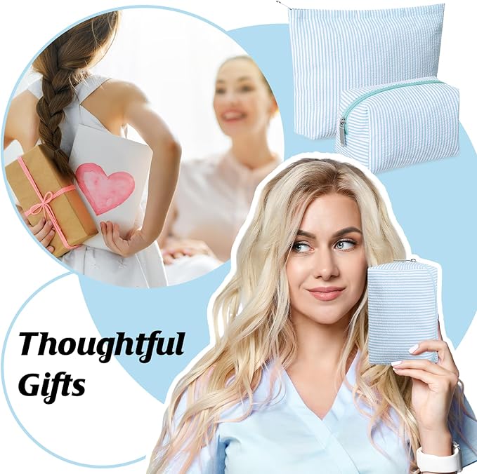 2 Pcs Makeup Bag Set Cute Cosmetic Pouch for Women Seersucker Travel Toiletry Bag Preppy Small Makeup Purse Pouch Aesthetic Skincare Brushes Storage Organizer for Valentine Women(Light Blue)