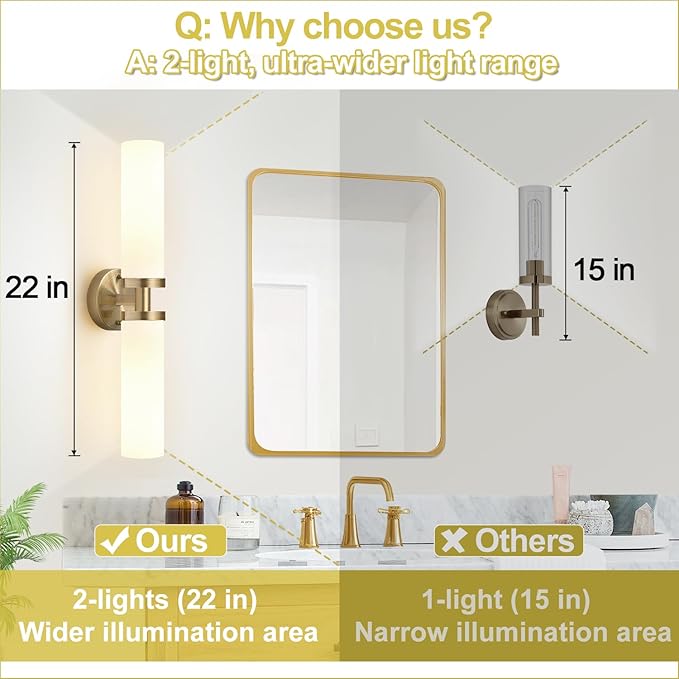 Wall Sconces Set of Two, Brass Bathroom Sconces Wall Lighting with Milky White Glass, Modern Sconces Wall Decor Set of 2 Bathroom Light fixtures for Mirror Living Room Hallway Bedroom