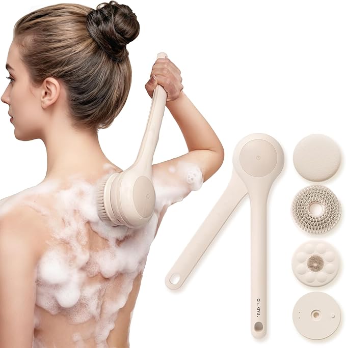 Electric Body Brush Back Scrubber for Shower, Waterproof Long Dual Handle Body Scrubber with 3 Heads, Bath Brush & 2 Speeds, for Cleansing, Exfoliating and Massaging Skin, Chrysanth Pink