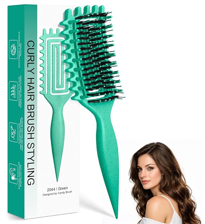 Curl Defining Brush, Curly Hair Brush with Vented Design for Detangling and Shaping, Wet & Dry Use, Reduces Pulling for Women, Men (Green)