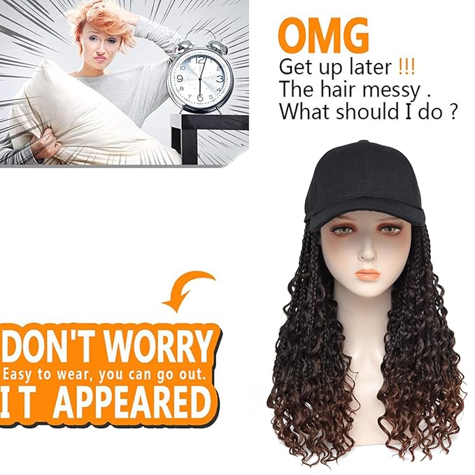GUOJIAN Goddess Box Braiding Baseball Cap Wig Bohemian Curly Ends Box Braids Hat with Braided Hair Extensions for Black White Women Synthetic Braids Hat Wig with Hair Attached (16inch, T30)