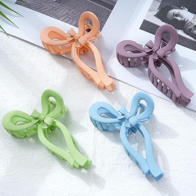 4 PCS Bow Hair Clips Bow Claw Clip for Women Nonslip Large Hair Claw Clips for Thin and Thick Hair Strong Hold Hair Bows (Orange+Blue+Purple+Green)