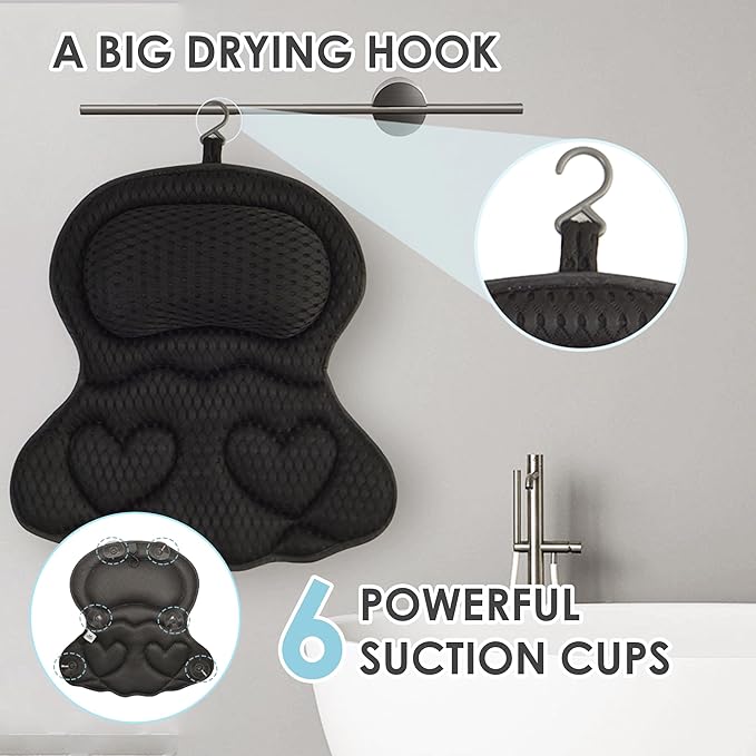 Bath Pillows for Tub Luxury, Bath Pillow for Head and Neck, Fit Bathtub Hot Tub Relaxing Gifts for Women, Comfort 4D Air Mesh Fabric & 6 Non-Slip Suction Cups, Black