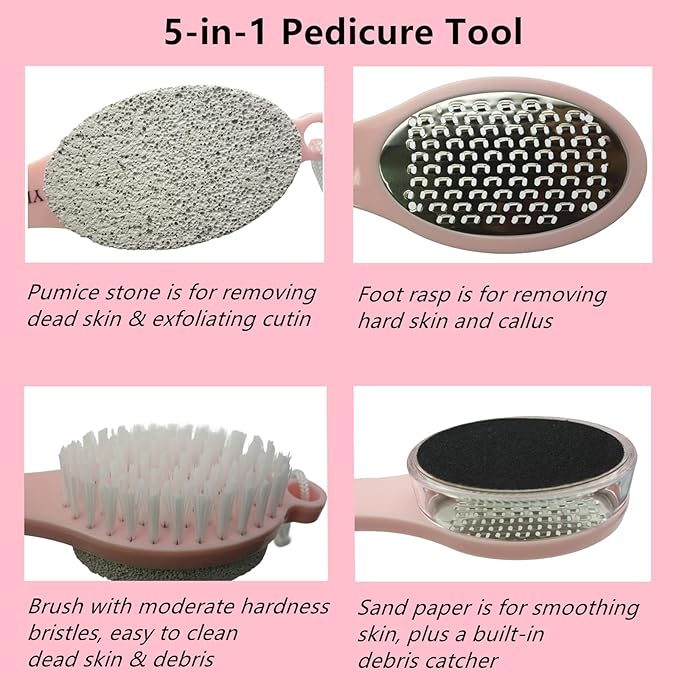 Foot File Callus Remover 5-in-1, 2 Pcs Feet Scraper Pedicure Tools with Pumice Stone, Scrubber Brush, Stainless Steel Foot Rasp and Sand Paper Debris Catcher, Multi Purpose, Pink
