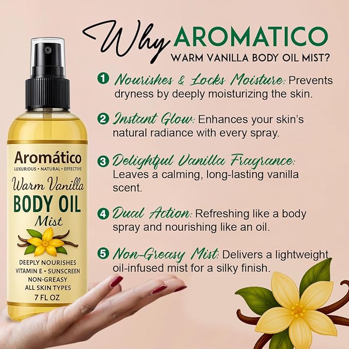 Warm Vanilla Body Oil Mist for Women – 7 fl oz | Lightweight, Non-Sticky, Spray-on formula for Daily use After Shower | Moisturized, Soft, Glowing Skin | Cozy, Creamy Vanilla Scent