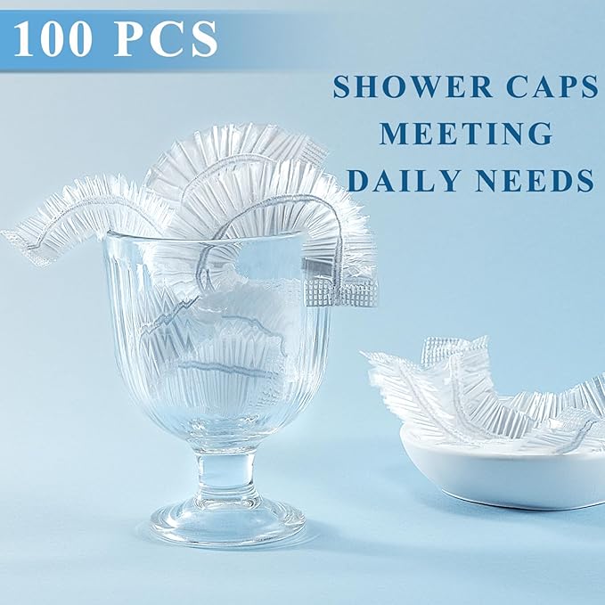 MORGLES 100 Pcs Disposable Shower Caps for Women, 18.1" Waterproof Plastic Shower Caps for Bathing, Hair Treatment, Conditioning in Home Hotel Travel