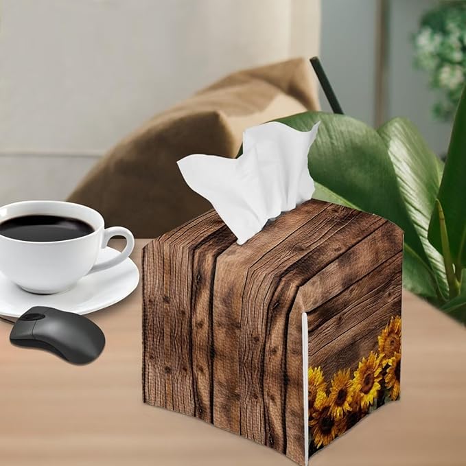 Sunflower Board Tissue Box Holder Portable Lightweight Square Tissue Box Cover Holder with Metal Button Waterproof Napkin Case for Home Office Car Automotive Decor
