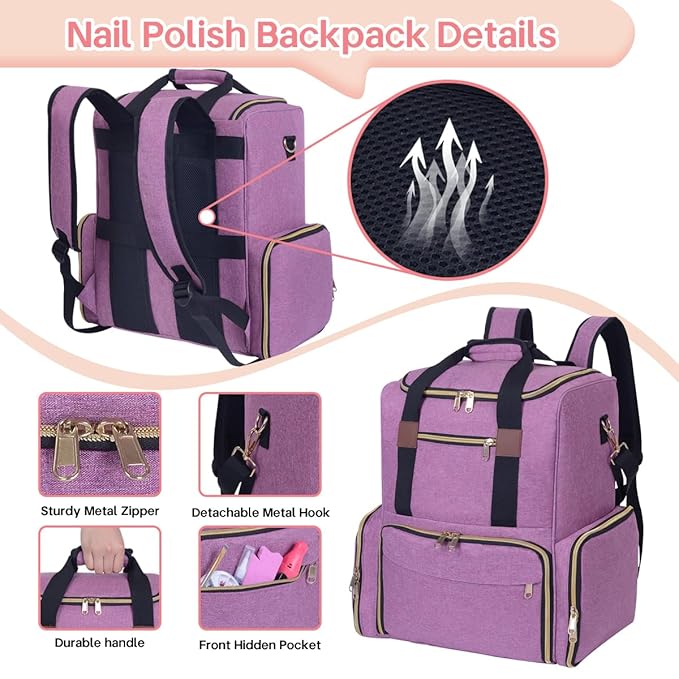 Nail Polish Organizer Backpack Holds 80 Bottles and a Nail Lamp Supplies with 2 Removable Cases Storage Bag Professional Travel Case for Manicurist (Purple)