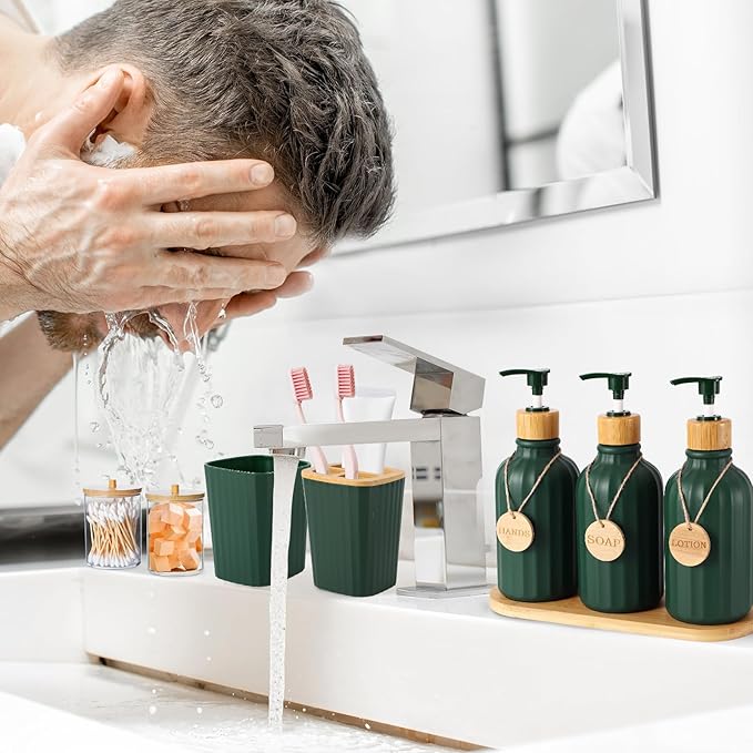 Bathroom Set 17PCS Bathroom Accessories with Trash Can 3PCS Lotion Soap Dispenser,Bathroom Accessories Set Green Bathroom Sets for Bathroom Decor