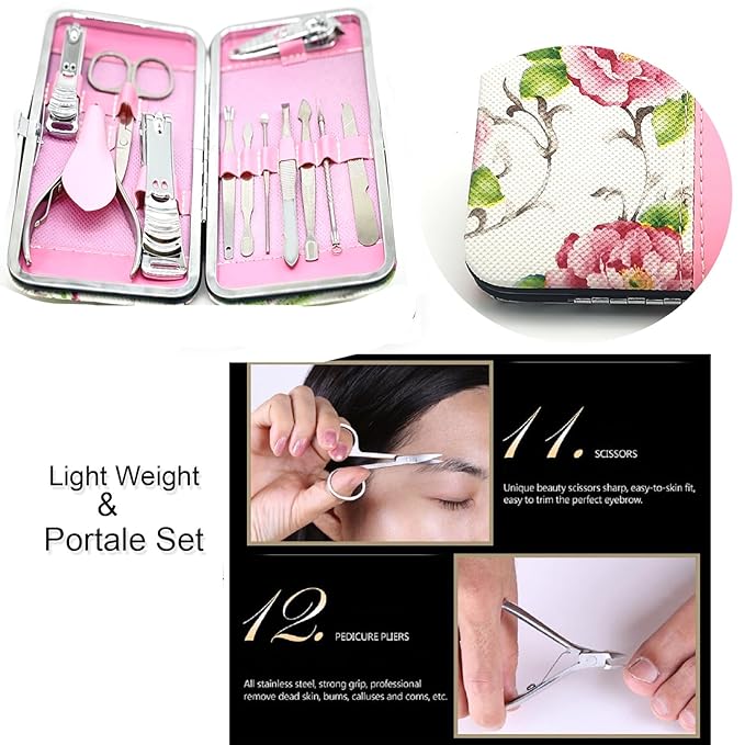 Manicure Pedicure Set 12 in 1 Nail Clippers Cuticle Cutters Stainless Steel Professional Toenail Clippers Nail Scissors Grooming Kit for Men Women with Travel Case
