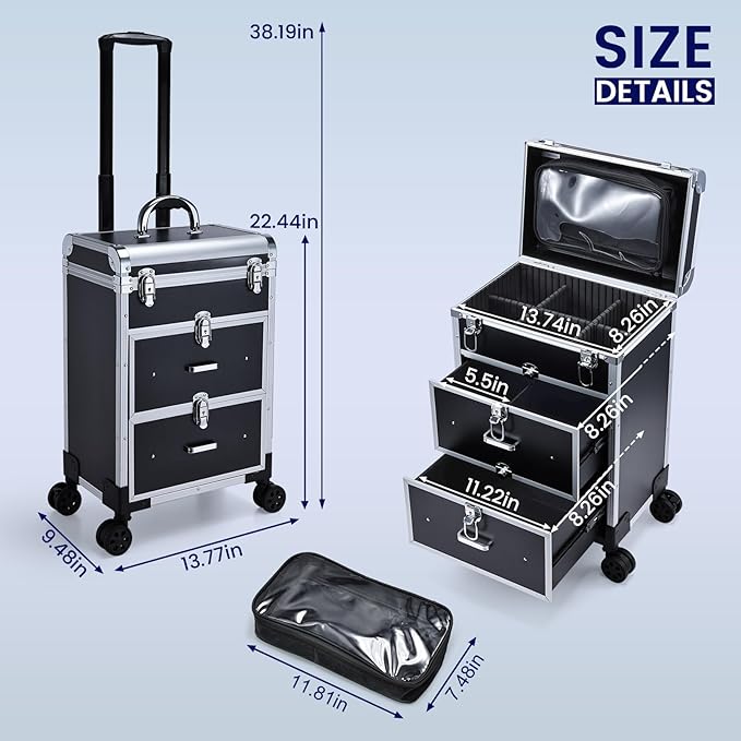 Adazzo Professional Rolling Makeup Train Case with Drawers, Large Cosmetic Trolley with Locks, Cosmetics Storage Organizer Make up Case for Travel Makeup/Nail Art/Hair Styling, Matte Black