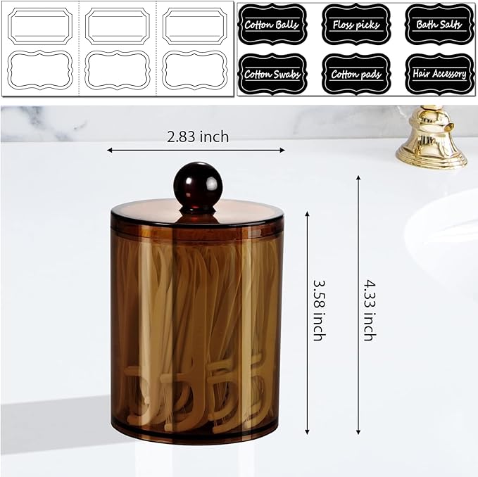SheeChung 2 Pack Acrylic Qtip Holder,Amber Canister Apothecary Jars with Lids,10oz Qtip Dispenser Bathroom Set,Clear Plastic Vanity Storage Canisters for Cotton Swabs,Balls,Pads