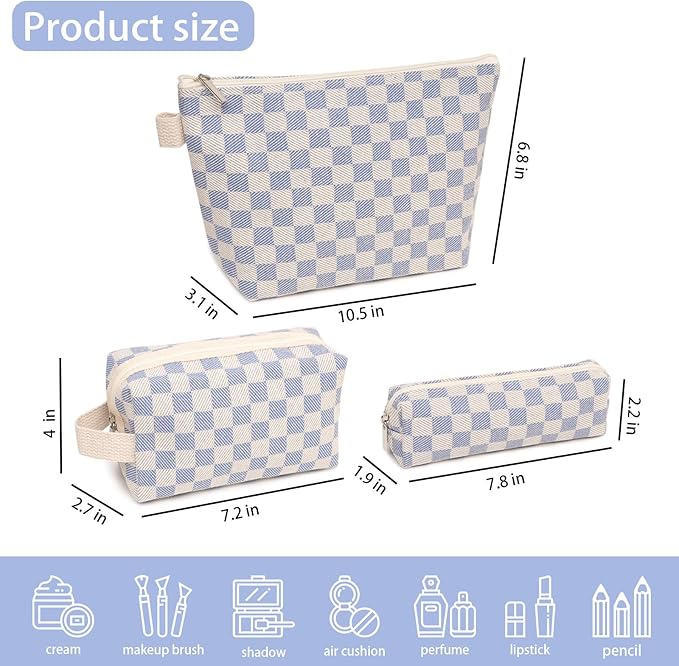 3 Pcs Canvas Makeup Bag Set Checkered Cosmetic Pouch for Women Travel Toiletry Bag Cute Makeup Organizer Purse Pouch Preppy Pencil Case with Zipper (Checkered Blue)