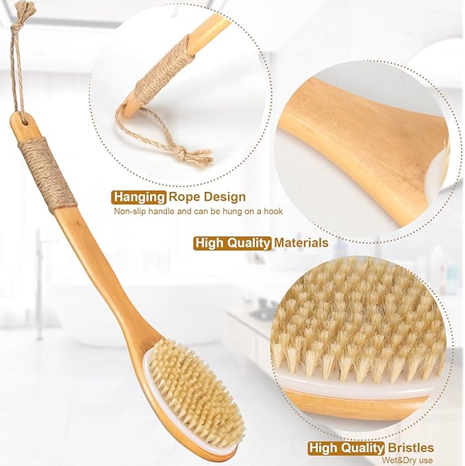 16.5 Inches Back Scrubber for Shower with Curved Long Handle,Wet&Dry Brushing Body Brush,Natural Bristles,Back Scrubber Bath Tool for Men & Women