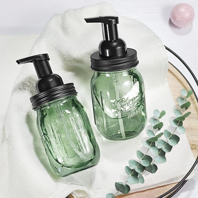 SheeChung 16 Oz Mason Jar Foaming Soap Dispenser, Stainless Steel Lid, BPA Free Pump, Green Glass Foam Hand Soap Dispenser, Refillable Liquid Foam Dispenser Bottle for Bathroom Kitchen-Black, 2 Pack