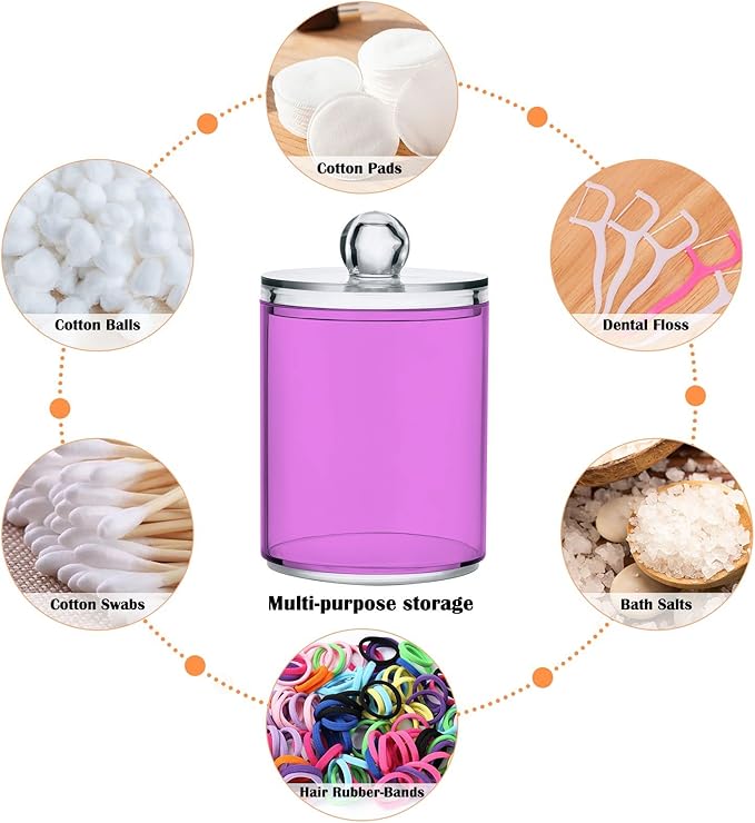 Violet Purple Qtip Holder Organizer Dispenser Cotton Swabs Cans Plastic Jars with Lid Set 4 Pack Bathroom Storage Canister for Cotton Ball Floss Cotton Pads