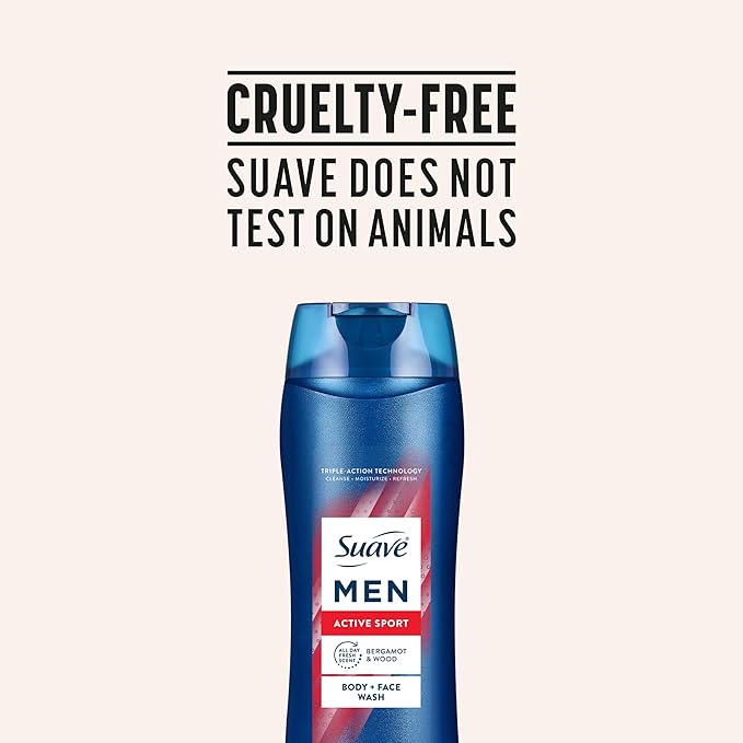 Suave Men Moisturizing Body & Face Wash, Energizing Sport with Bergamot & Wood Scent, No Parabens, No Phtahaltes, 18 Oz Pack of 6